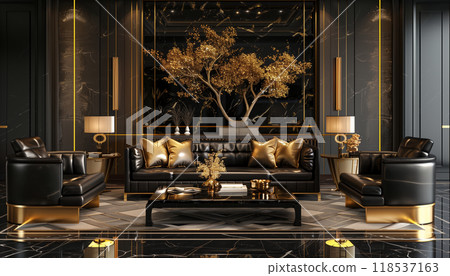 Superior Black Living Room Interior With Classical Luxury Style In 3d Render Featuring Black Marble Floor And Golden Palm Tree Decor 118537163