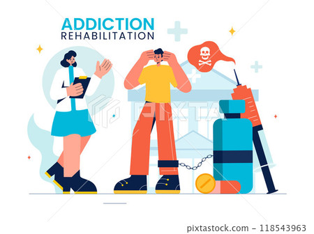 Addiction Rehabilitation Vector Illustration featuring an Inpatient Drug Rehab Center, Treatment Methods, and the Stabilization of Medical Conditions 118543963