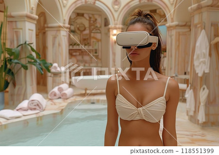 A person using VR to visualize a luxury bathroom. 118551399