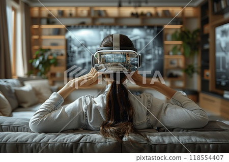 A person using VR to visualize a renovated kitchen design. 118554407