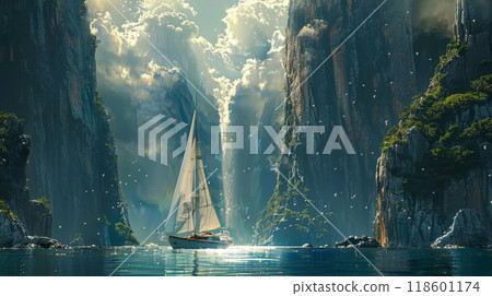 A sailboat drifts between massive sea cliffs rising from the ocean, shaped by ages of wind and water 118601174