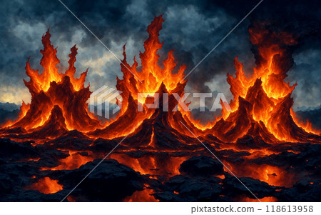 A powerful eruption of magma that tears apart the rocky surface of the earth, forming the terrain, causing tectonic movements. Artistic painting, dramatic scenery 118613958