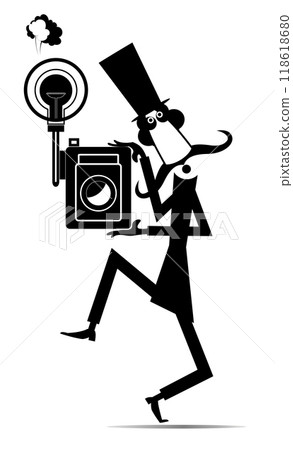 Funny photographer. Retro camera.  Long mustache man with a retro camera making a shot. Black and white 118618680