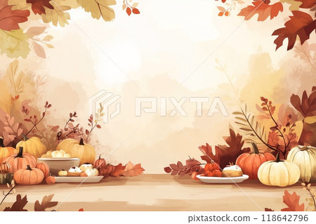 Autumn harvest display featuring pumpkins, gourds, and seasonal foliage in warm tones 118642796