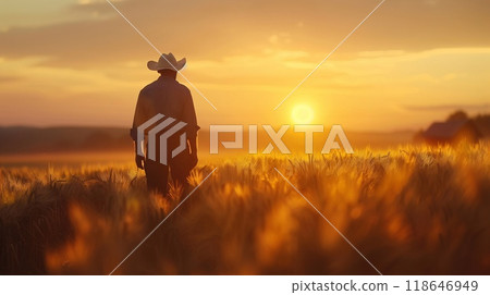 Farmers are seen tending to crops in golden fields as the sun sets, reflecting the dedication of agricultural life 118646949