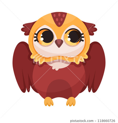 Funny Owl Flying Creature with Large Eyes and Wings Sitting Vector Illustration 118660726