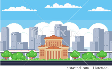 Cityscape. Pixel art. Features a mix of modern skyscrapers and a classical building in the foreground, surrounded by trees and a clear blue sky. Ideal for urban living, architecture, city planning 118696860