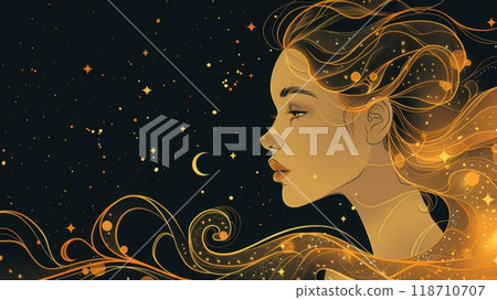 Drawing of a woman's face. The zodiac sign is virgo . Astrology. Illustration. 118710707