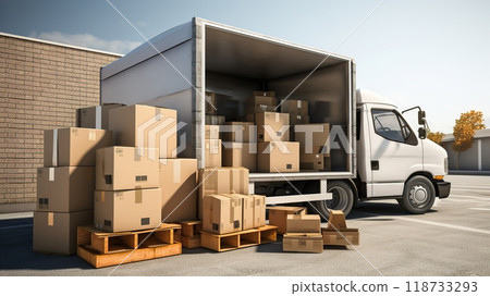 An truck that is filled with various cardboard boxes 118733293