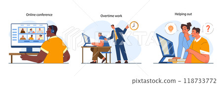 Office interactions set. Team communication scenes. Work process cooperation and casual talk of employees at workplace. Jobflow and corporate relations in modern company. Flat vector illustration 118733772