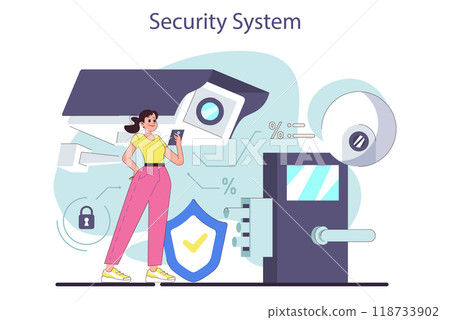 House security system. Apartment smart video surveillance. Artificial intelligence technologies. Smart house system Internet of things application. Flat vector illustration 118733902