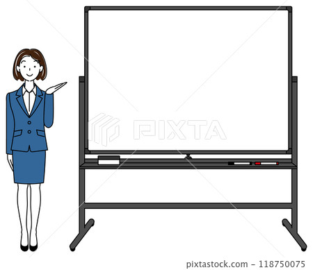 Illustration of a woman in a suit standing next to a whiteboard and giving a presentation Vector 118750075