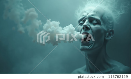 Halloween background of an old man exhaling thick clouds 118762139