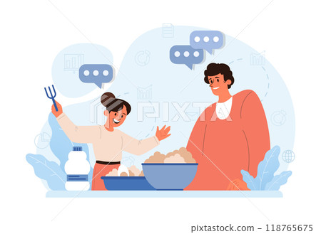 Father teaching his child how to cook. Family making food in the kitchen together. Dad and little girl following recipe. Parenting and family bonding. Flat vector illustration 118765675