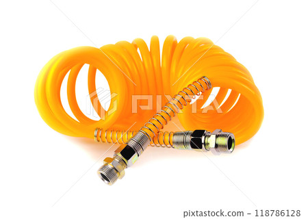 pneumatic hose of a truck for supplying compressed air from a tractor to a trailer, car accessories, car parts, yellow color  white background 118786128