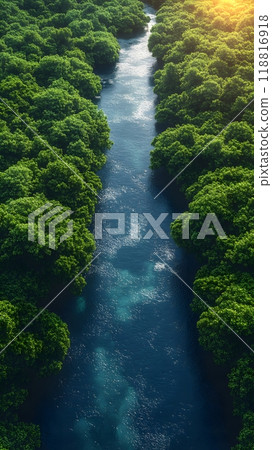 Aerial photography of a summer landscape with a quiet river surrounded by lush green trees, with clear sky reflecting on the water surface. Suitable for advertising for a eco-tourism campaign. 118816918