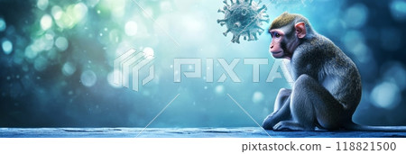 Monkey sitting next to a floating virus particle of monkeypox against a blue background, symbolizing zoonotic transmission and global health emergency 118821500