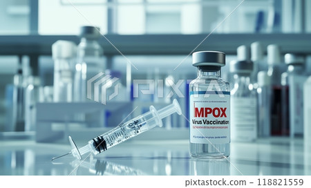 Mpox virus vaccination syringe and vial in a medical setting. Vital for virus containment. 118821559