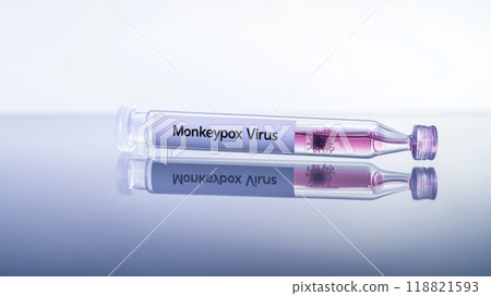 Monkeypox virus test vial with purple liquid on reflective surface. Focuses on viral outbreaks. 118821593