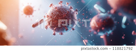 Illustration of the monkeypox virus floating inside a bright, sterile research lab 118821792