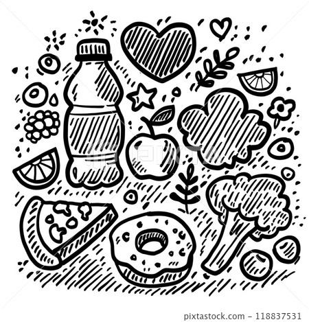 Hand drawn doodle style black and white food and drink illustration 118837531