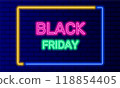 Neon sign black friday in speech bubble frame on brick wall background vector. Light banner on wall background. Black friday button holiday sale, design template, neon signboard 118854405