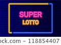 Neon sign super lotto in speech bubble frame on brick wall background vector. Light banner on wall background. Super lotto button bingo game, design template, neon signboard 118854407