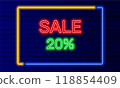 Neon sign 20 percent sale in speech bubble frame on brick wall background vector. Light banner on wall background. 20 percent sale button discounts and promotions, design template, neon signboard 118854409