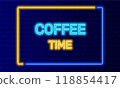 Neon sign coffee time in speech bubble frame on brick wall background vector. Light banner on wall background. Coffee time button lunch break, design template, neon signboard 118854417