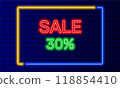 Neon sign 30 percent sale in speech bubble frame on brick wall background vector. Light banner on wall background. 30 percent sale button discounts and promotions, design template, neon signboard 118854410