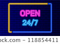 Neon sign open 24 hours in speech bubble frame on brick wall background vector. Light banner on the wall background. Overnight open 24 hours button, design template, night neon signboard 118854411