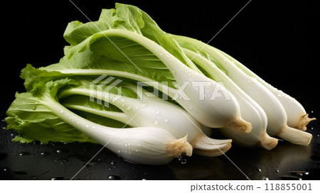 Pile of fresh endives with glistening droplets of water. Advertising photography. Neural network ai generated art 118855001