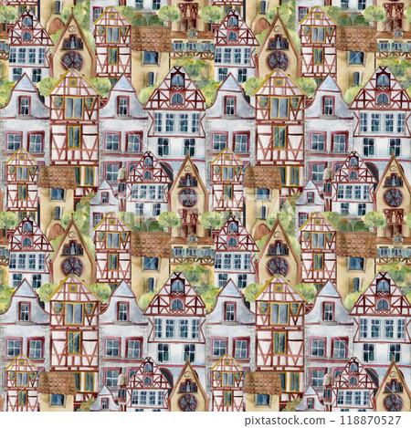 Old European city town village houses street view. Historical cityscape building, green hedge trees, parked bicycle. Watercolor hand drawn seamless pattern. Tourist shops, souvenirs, travel brochures 118870527