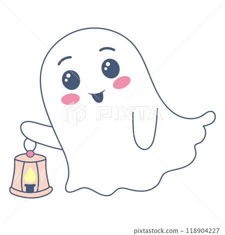 Halloween ghost in cute kawaii style. Funny spirit holding lantern isolated on white background 118904227