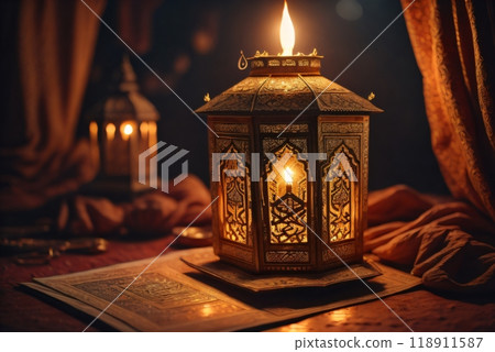 Image presenting an ornamental Arabic lantern with a candle burning brightly against a dark backdrop, suitable for festive Ramadan greeting cards or invitations. Created with generative AI tools 118911587