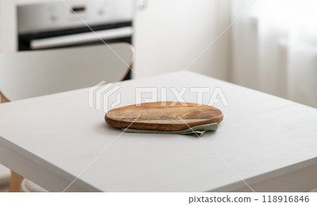 Wooden tabletop with cutting board for product montage or mockup 118916846