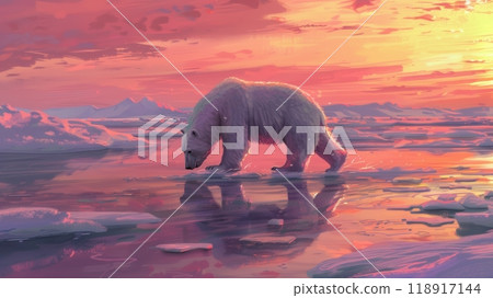 Polar Bear Strolling on Icy Landscape at Sunset - Serene Arctic Wildlife Art for Posters and Prints 118917144