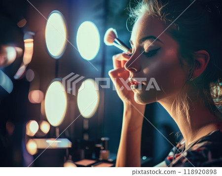 The young woman focuses intently as she uses a brush to enhance her makeup, surrounded by bright lights, getting ready for an evening event. 118920898