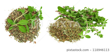 Oregano or marjoram leaves fresh and dry isolated on white background . Top view. Flat lay 118946113