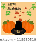 Thanksgiving theme illustration with roast turkey, pumpkin, autumn leaves and pilgrim hat, perfect for a variety of festive products. 118980519