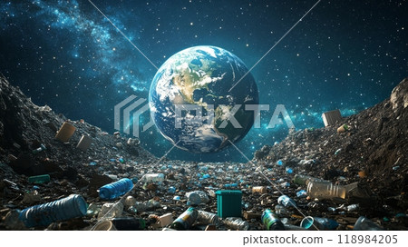 Planet earth rising above waste plastic bottles in space 118984205