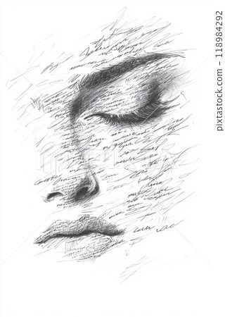 Woman face emerging from handwritten letters expressing emotions 118984292