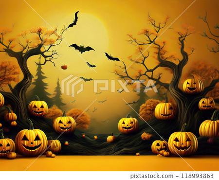 Halloween, yellow pumpkin and landscape 118993863