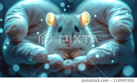 Hands of scientist gently holds a mouse for an experiment in a laboratory. The concept of on scientific research, animal testing, and advancements in medical studies. Generative AI. 118995308