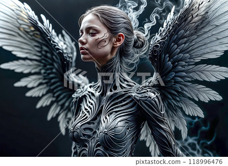 Portrait of a beautiful attractive black fallen angel on a dark background 118996476