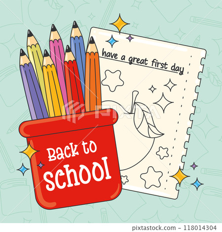 Back to school colored pencils in red container and note Vector 118014304