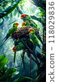 Group of parrots sitting on top of tree in the rain. 118029836