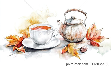 A steaming cup of tea is nestled among vibrant autumn leaves and a small pumpkin, creating a warm and inviting autumn atmosphere perfect for relaxation. 118035439