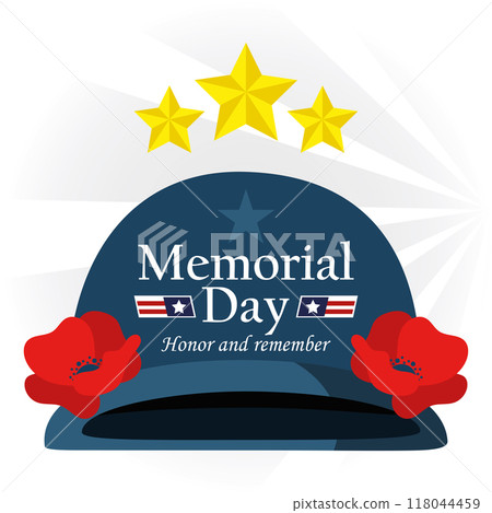 Memorial Day helmet with stars and poppies in flat design Vector 118044459