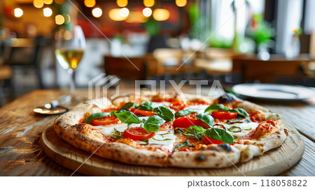 pizza on wooden table in pizzeria restaurant background 118058822